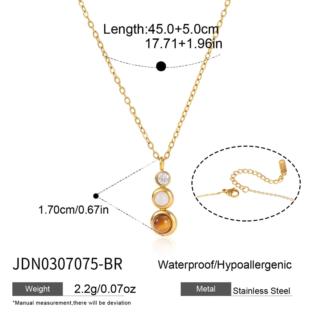 KIKA Tiger Eye Stone Zircon Pendant Necklace For Women Minimalist 18K Gold PVD Plated Stainless Steel 316L