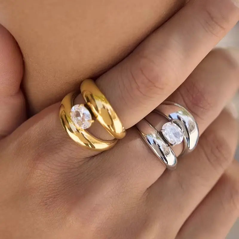 Kika Delicate Oval Zircon Double Layer Open Rings