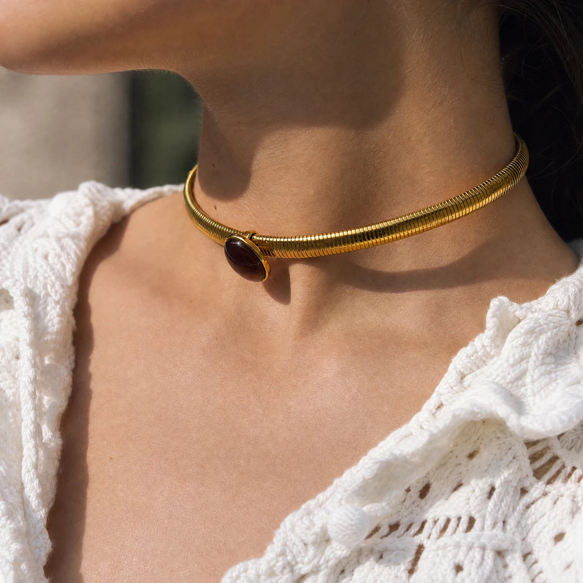 Kika Vintage Oval Resin Chunky Chain Chokers Necklace  18K Gold Plated Stainless Steel