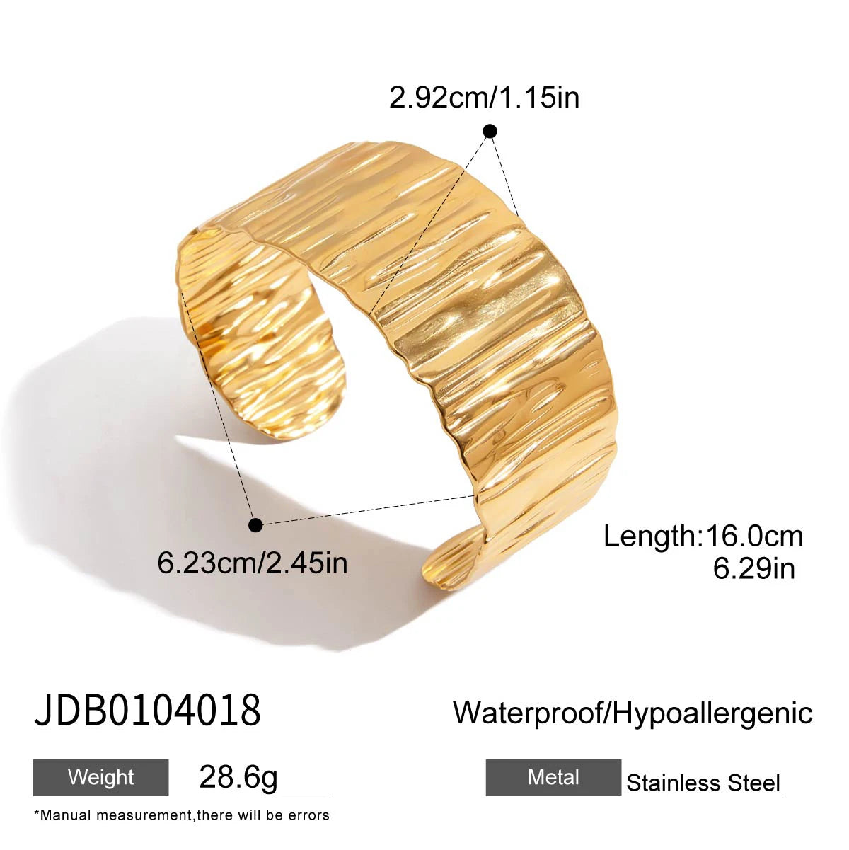 Kika Minimalist 18k Gold Color Plated Stainless Steel Wide Face Hammer Patterned Bracelet Irregular