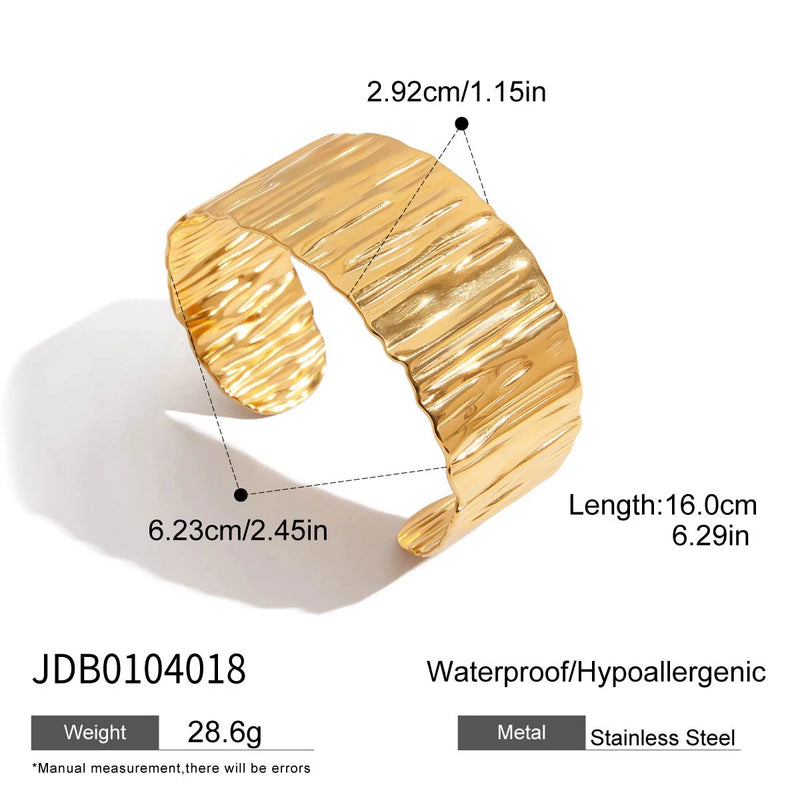 Kika Minimalist 18k Gold Color Plated Stainless Steel Wide Face Hammer Patterned Bracelet Irregular