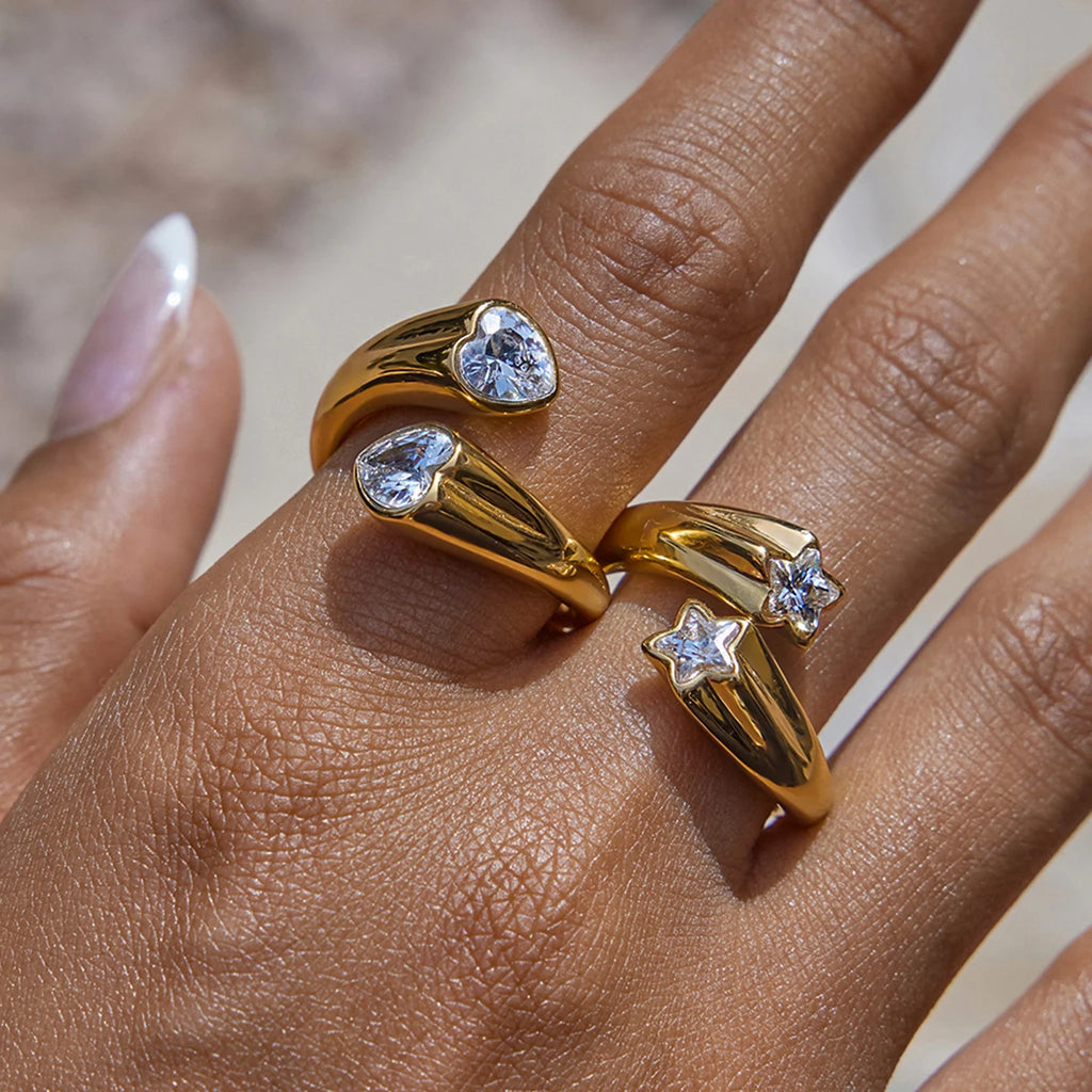 KIKA Minimalist 18K Gold Color PVD Plated Stainless Steel 316L White Heart Shaped Zircon Ring Star Stackable