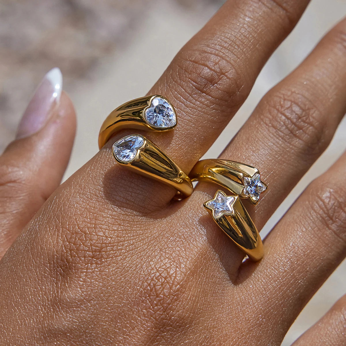 KIKA Minimalist 18K Gold Color PVD Plated Stainless Steel 316L White Heart Shaped Zircon Ring Star Stackable