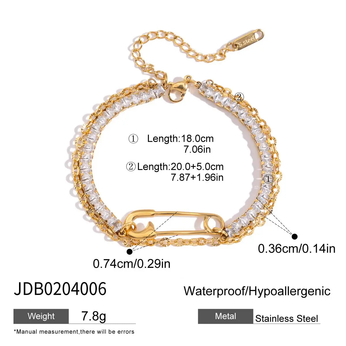 KIKA Simple Classic Square White Zircon Bracelet Paper Clip Double layer Bracelet Stainless Steel Chain Women's Jewelry Party