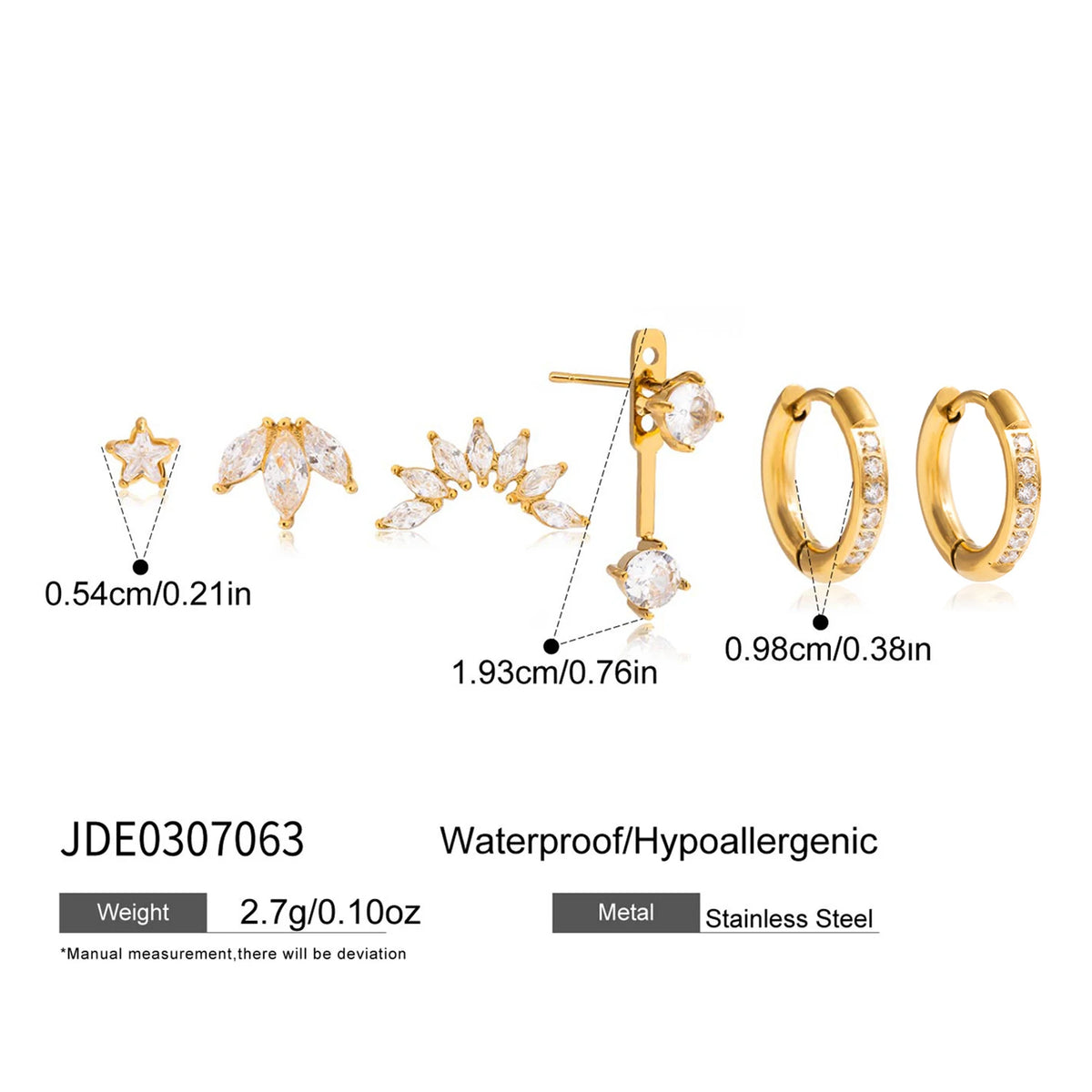 KIKA 6pcs Simple Classic White Zircon Pentagram Leaves Ear Studs 18K Gold Color PVD Plated Stainless Steel 316L Multi Pair One Card Ear