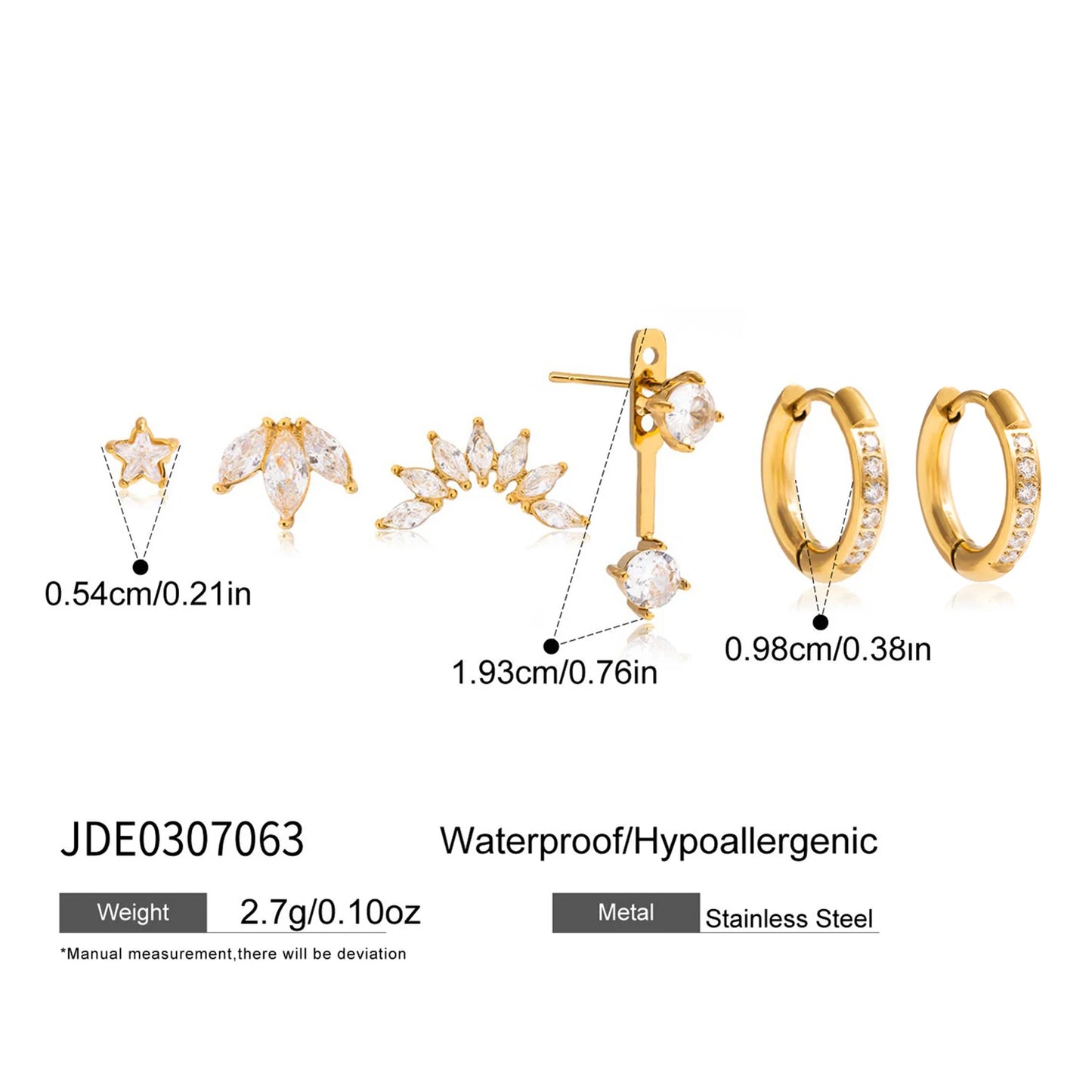 KIKA Bling Cubic Zirconia White Zircon Stud Earrings 18K Gold PVD Plated Stainless Steel 316L