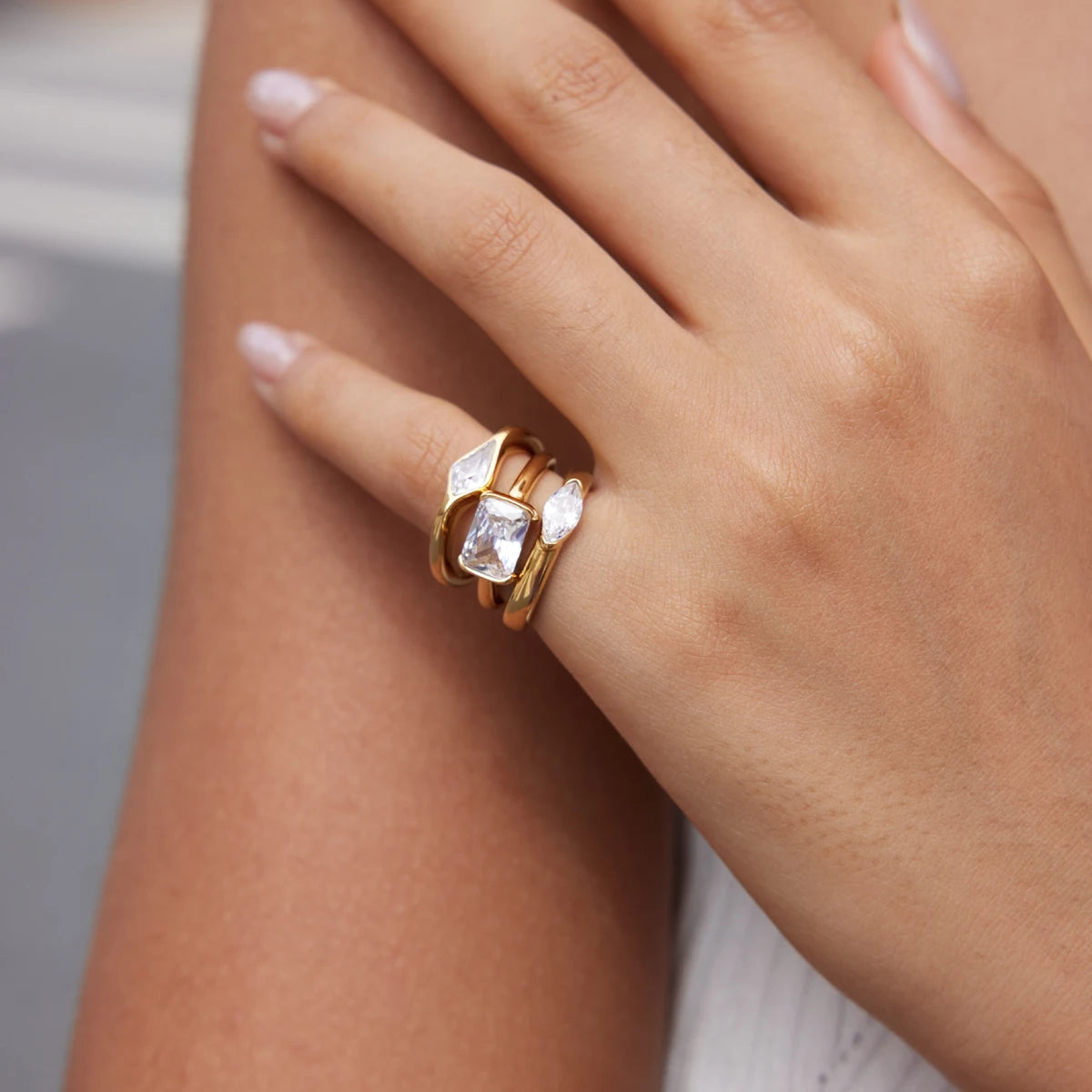 KIKA  Geometric Zircon Stackable Pinky Rings PVD 18K Gold Plated Stainless Steel 316L