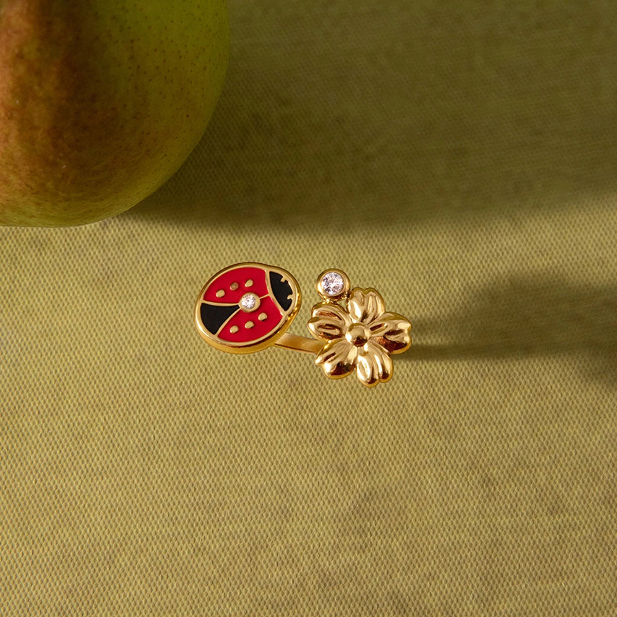 KIKA Fashion Stainless Steel 316L Zircon Drop Oil Ladybug Flower Adjustable Open Ring 18K Golden PVD Plated High Quality Jewelry