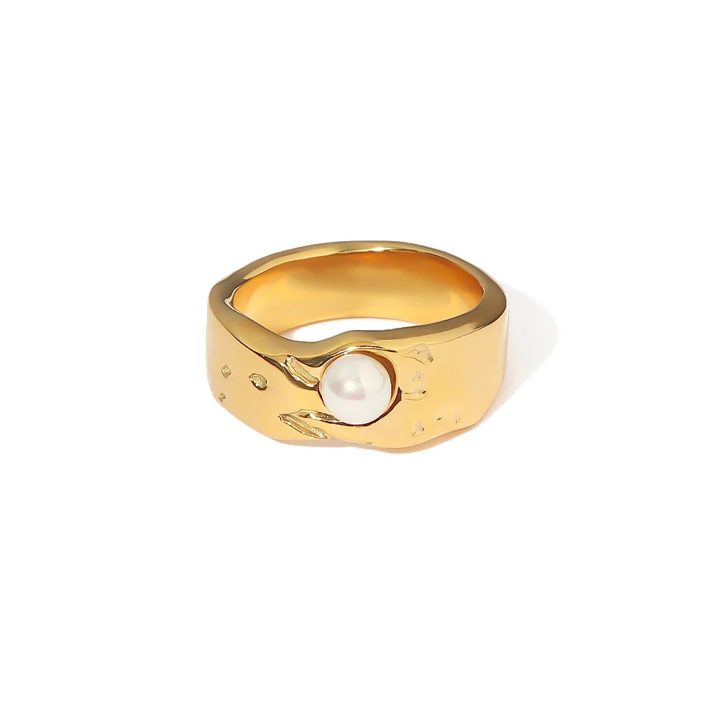 KIKA Vintage Style Ring 18K PVD gold plated Fresh Water Pearl Stainless Steel Jewelry Elegant Imitation Ring Accessories New