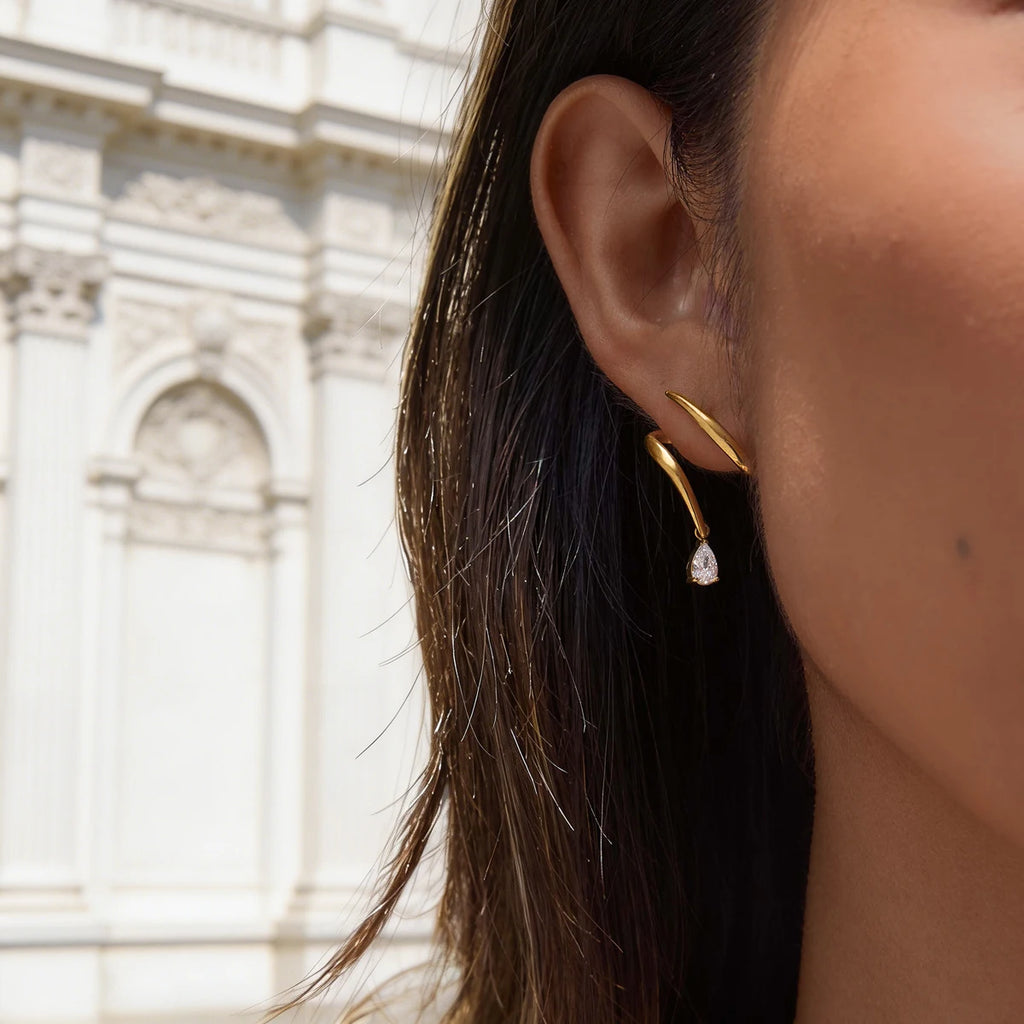 Kika Water Drop Zircon Earrings Minimalist Wave Shape 18K Gold PVD Plated Stainless Steel 316L