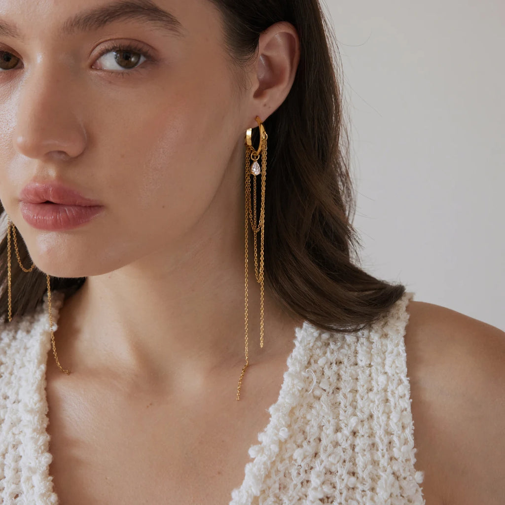 KIKA Water Drop Zircon Long Chains Tassel Earrings For Women 18K Gold PVD Plated Stainless Steel 316L