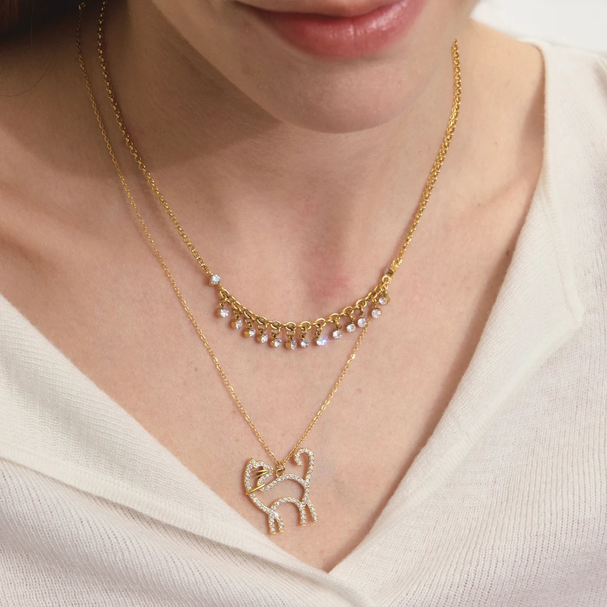 Cute Hug Dog Cat Pet Pendant Rhinestone Necklace