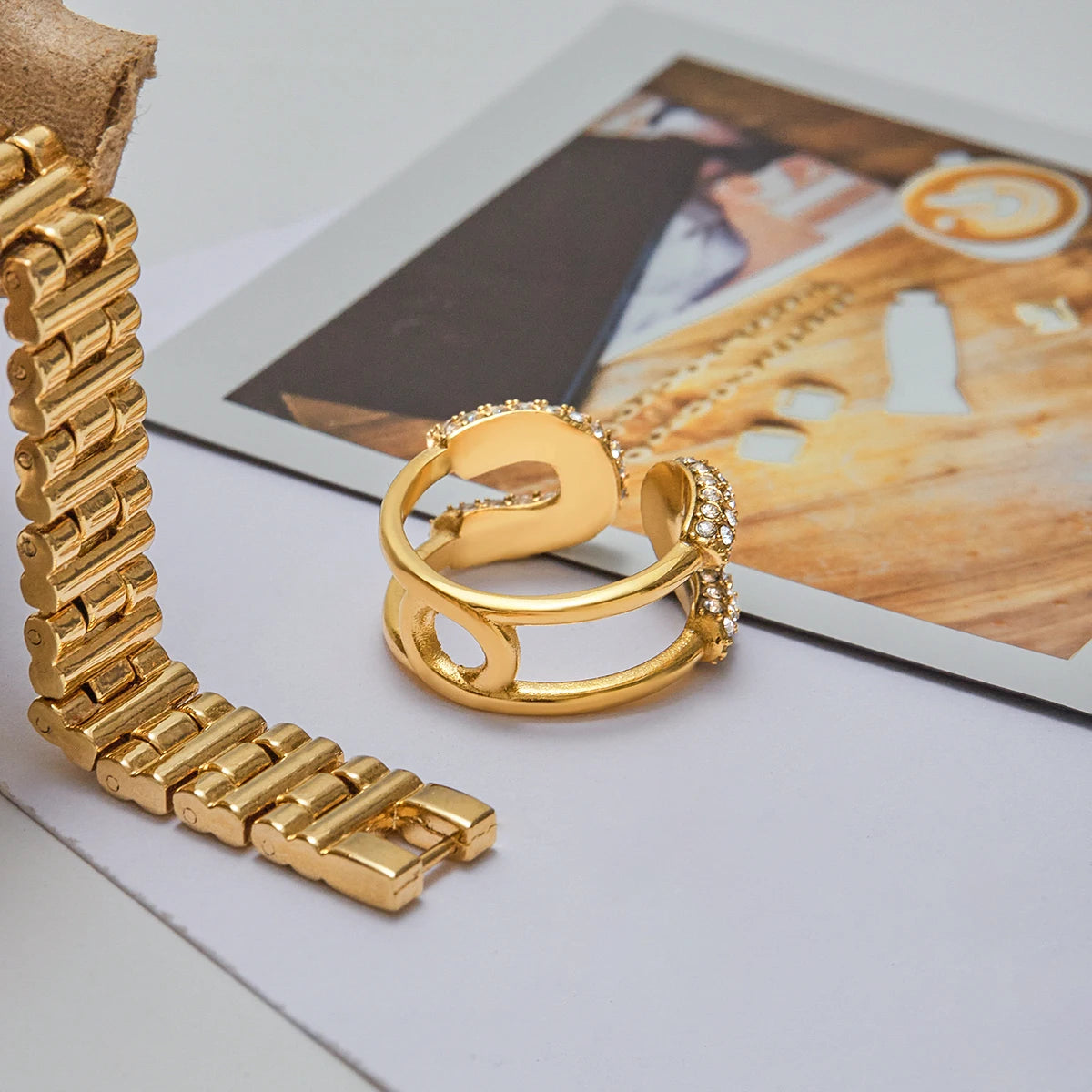 Kika Minimalist 18K Gold Color Plated Stainless Steel White Rhinestone Paper Clip Ring