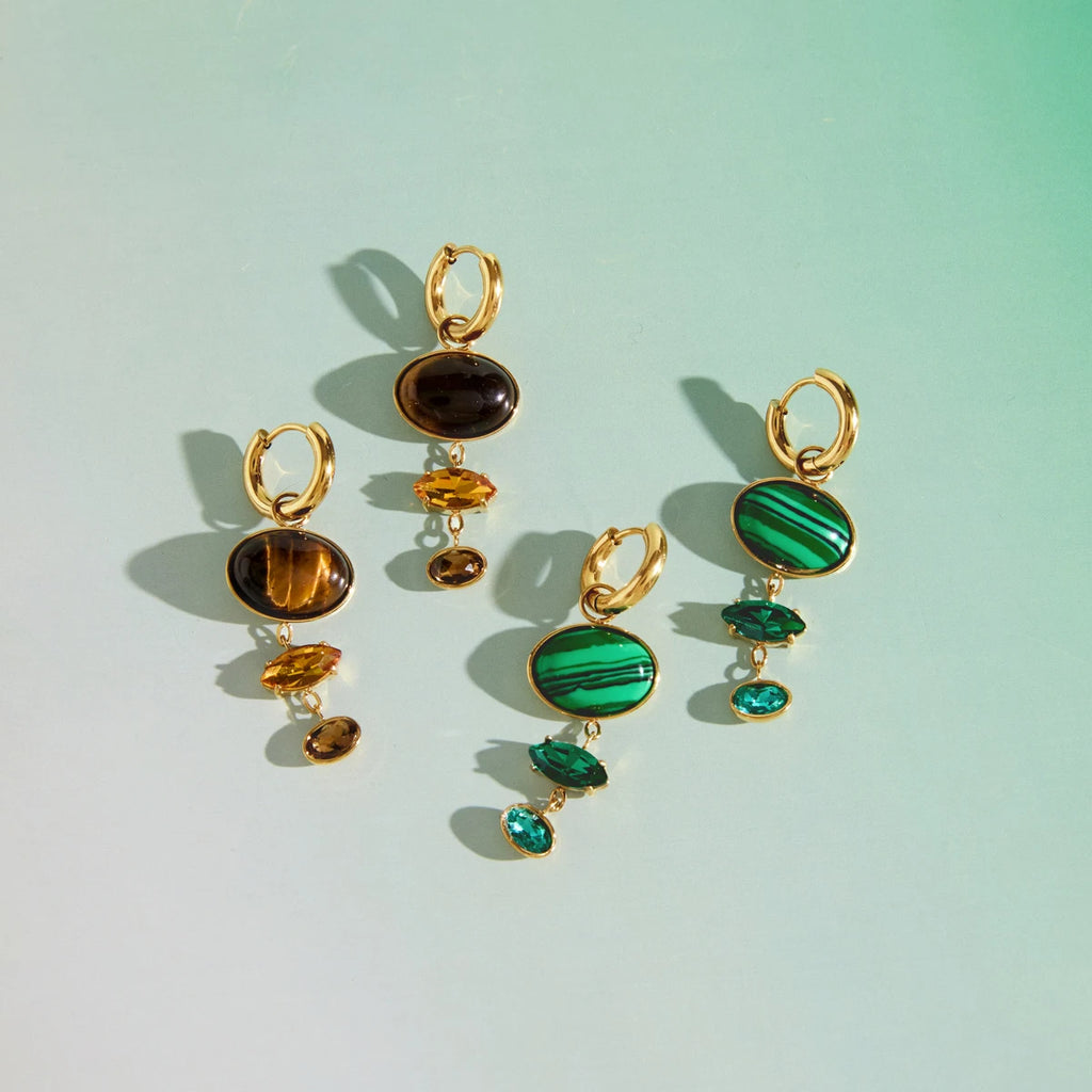 KIKA Malachite Tiger Eye Stone Crystal Drop Earrings For Women 18K Gold PVD Plated Stainless Steel Earrings Fashion Jewelry