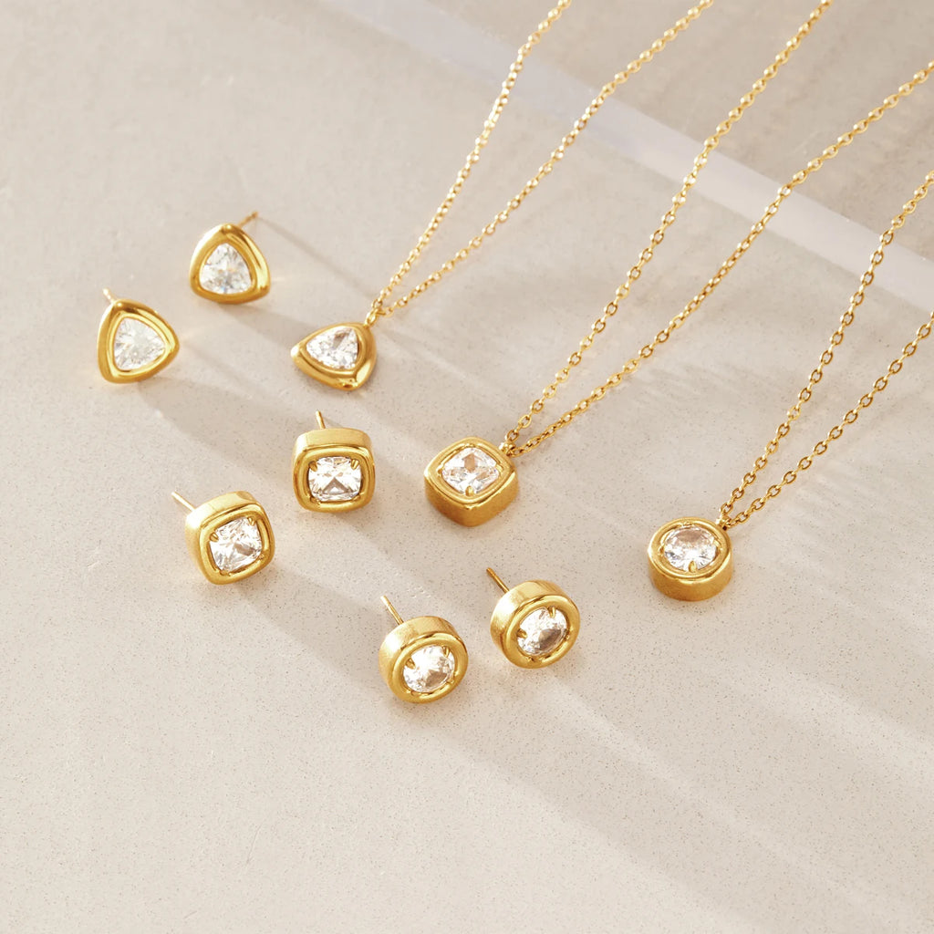 KIKA Delicate Geometric Zircon Necklace Earrings For Women Minimalist 18K Gold PVD Plated Stainless Steel 316L