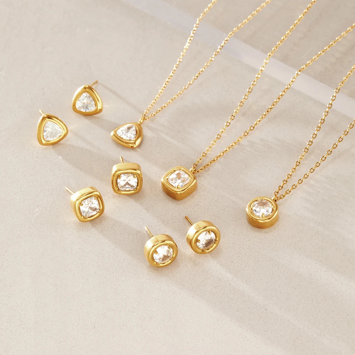 KIKA Delicate Geometric Zircon Necklace Earrings For Women Minimalist 18K Gold PVD Plated Stainless Steel 316L