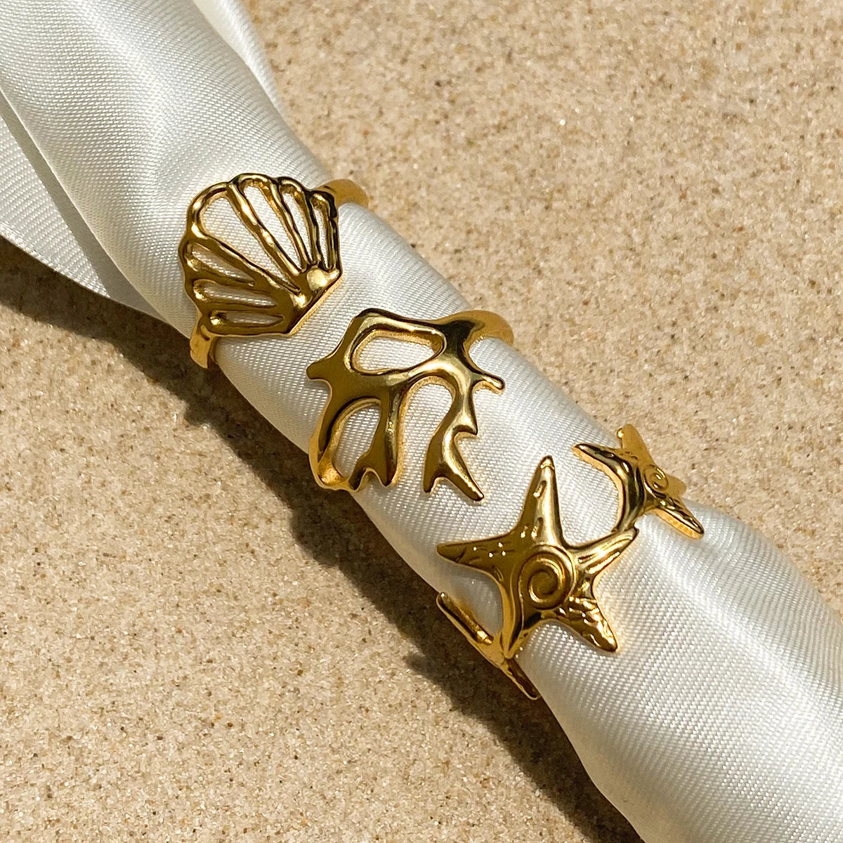 KIKA  Vacation Ocean Wind 18K Gold Color Plated Stainless Steel 316L Hollow Shell Ring Starfish Coral Stackable Ring