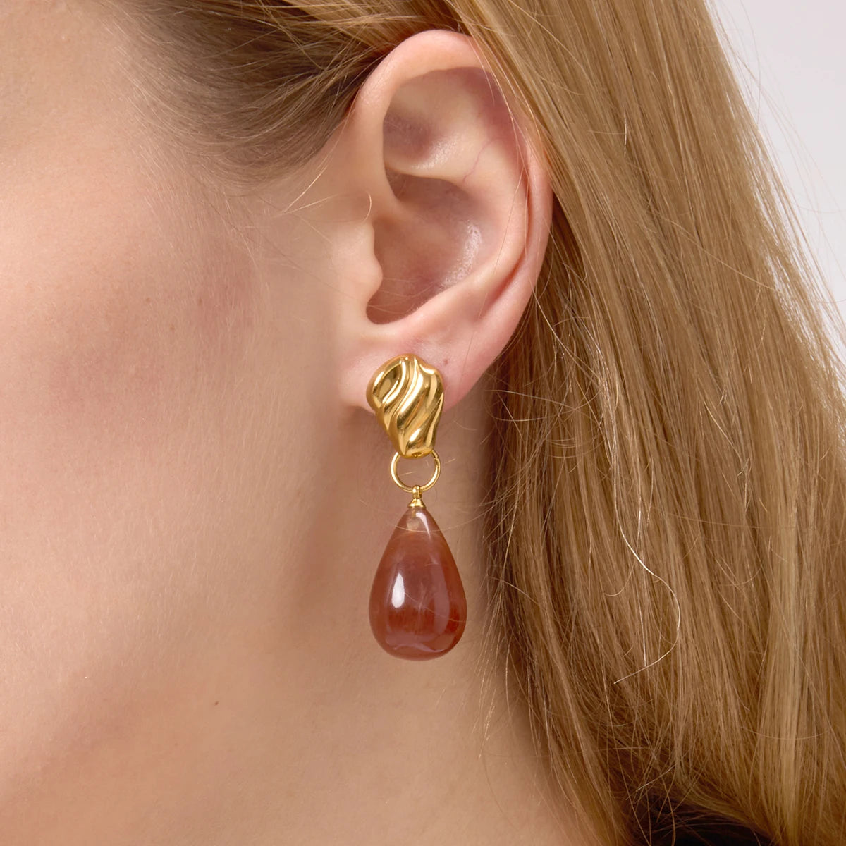 Kika Vintage Designer Texture Water Drop Ear Studs Brown Pendant Earrings