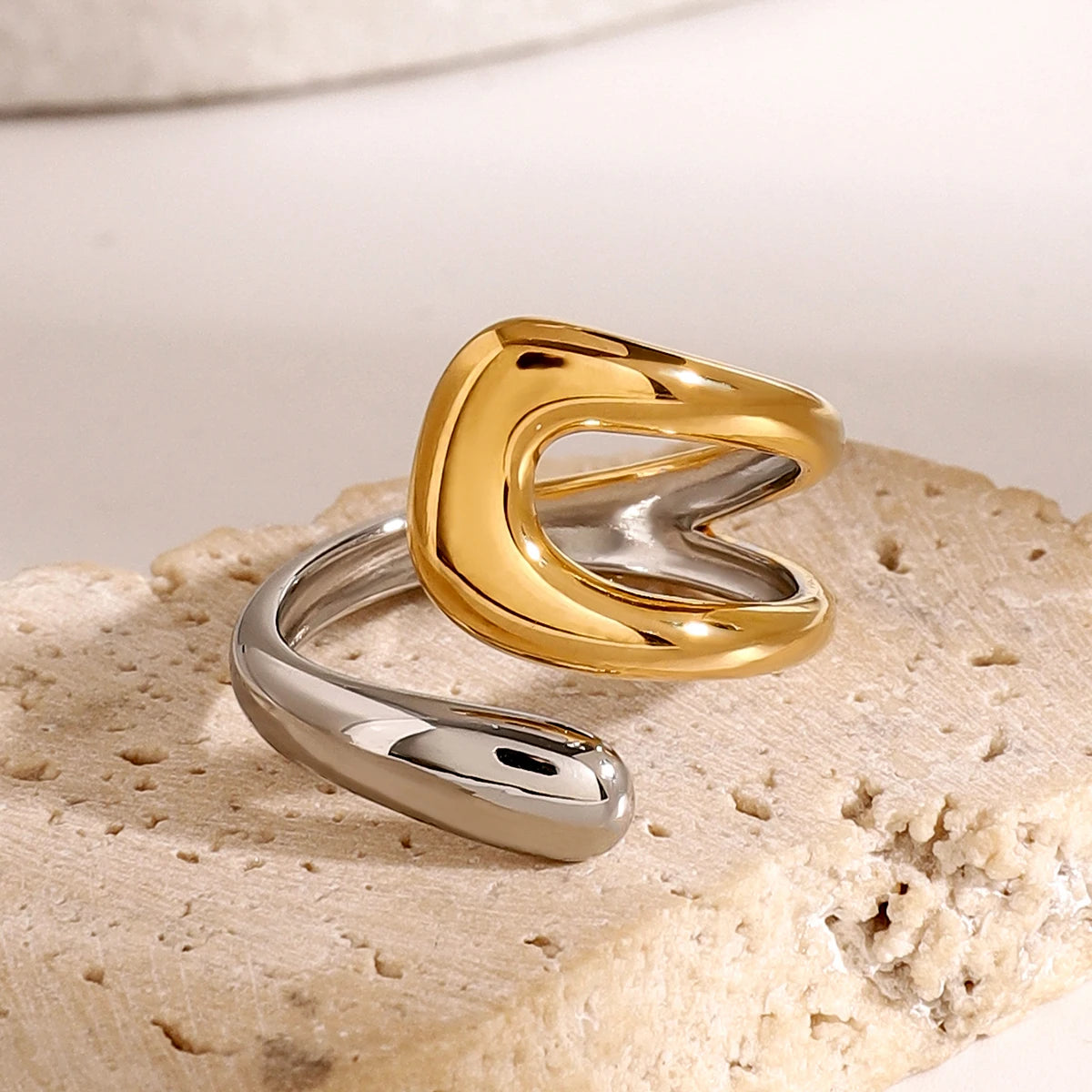KIKA Stainless Steel Metal Waterproof 18K Gold Thaya Colorblock Cross Asymmetric Open Ring Trendy Jewelry Bagues Pour Femme