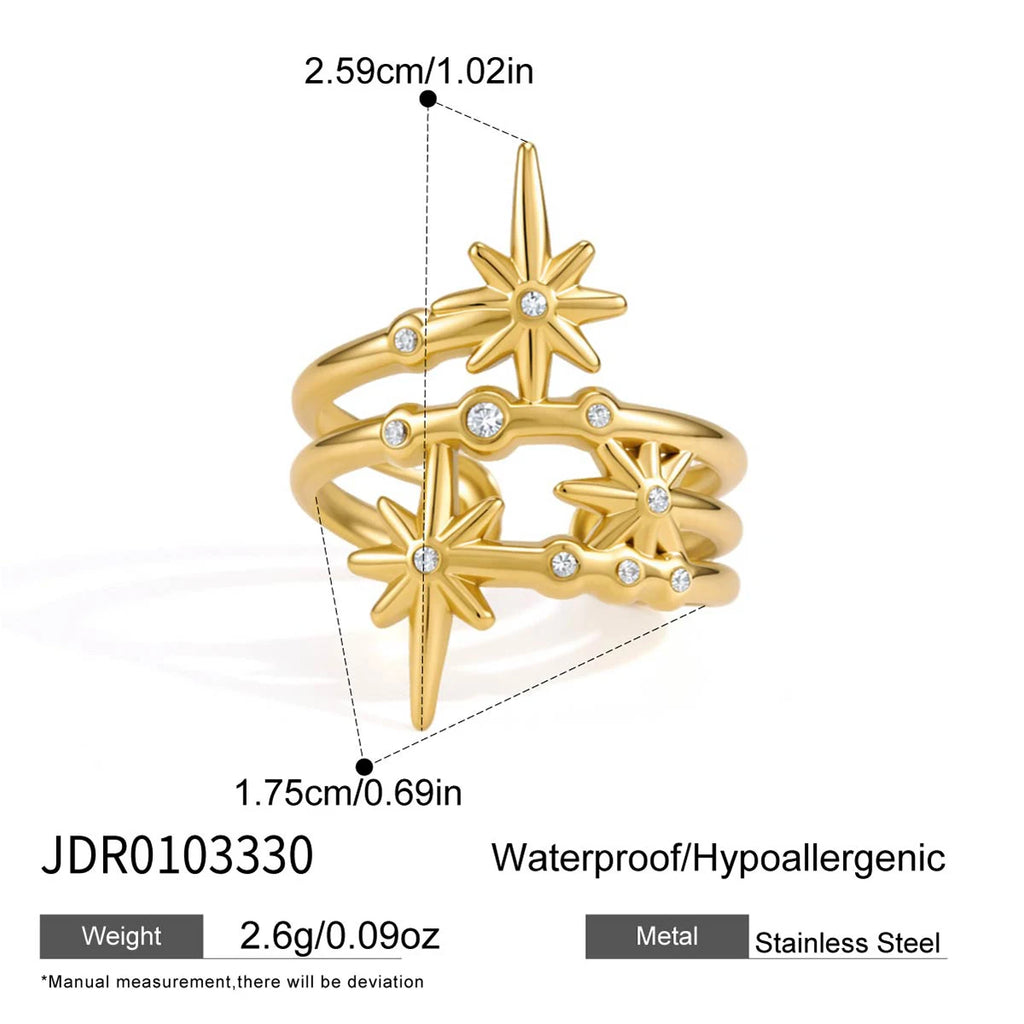 KIKA  Zircon Star Multilayer Open Rings PVD Plated Stainless Steel 316L