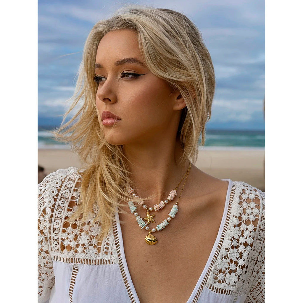 Kika Vacation Style Ocean Series Shell Starfish ImitationPearl Necklace
