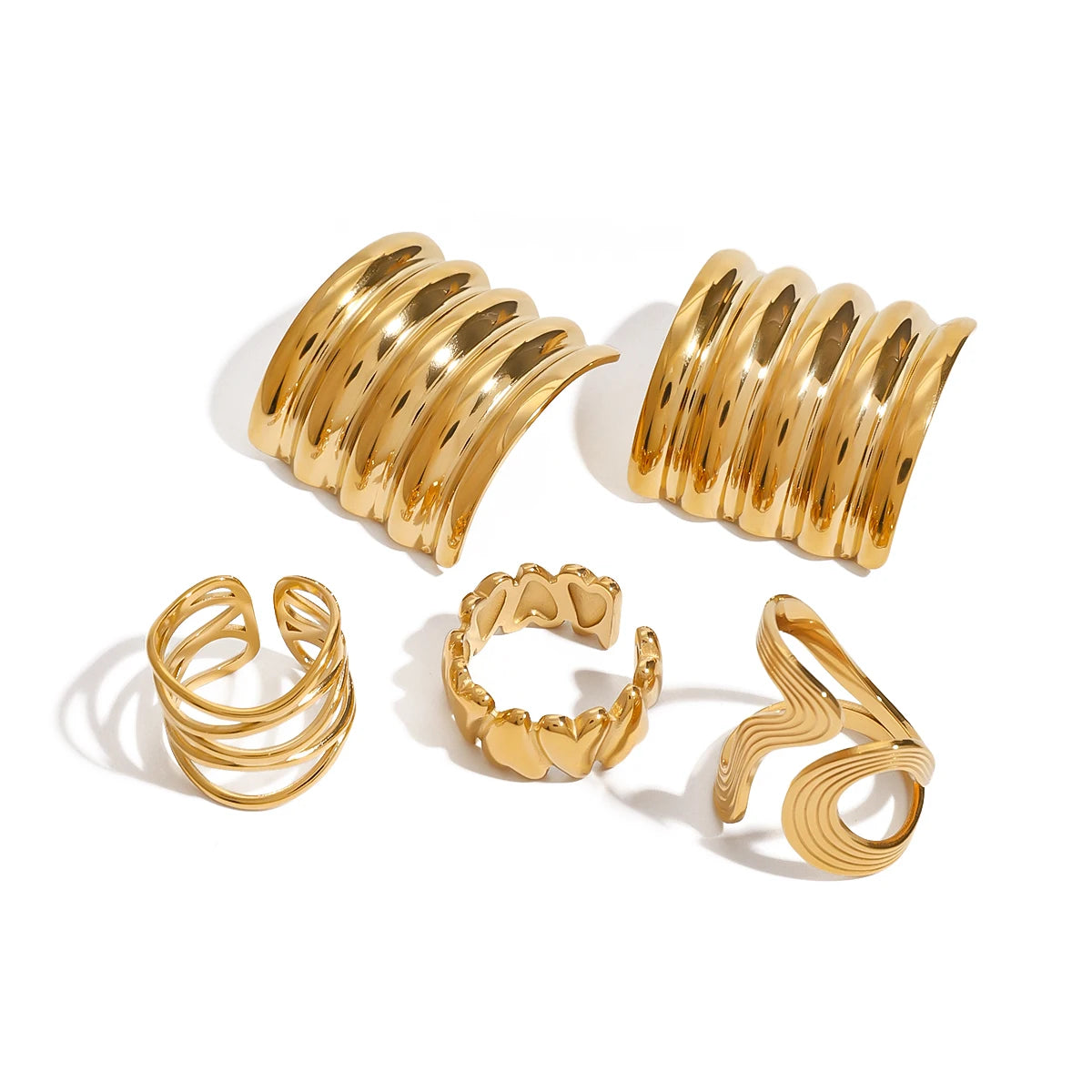 Kika 5PCS Textured Earrings Heart-Shaped Linear Stacked Rings Gold Color Clothing Matching