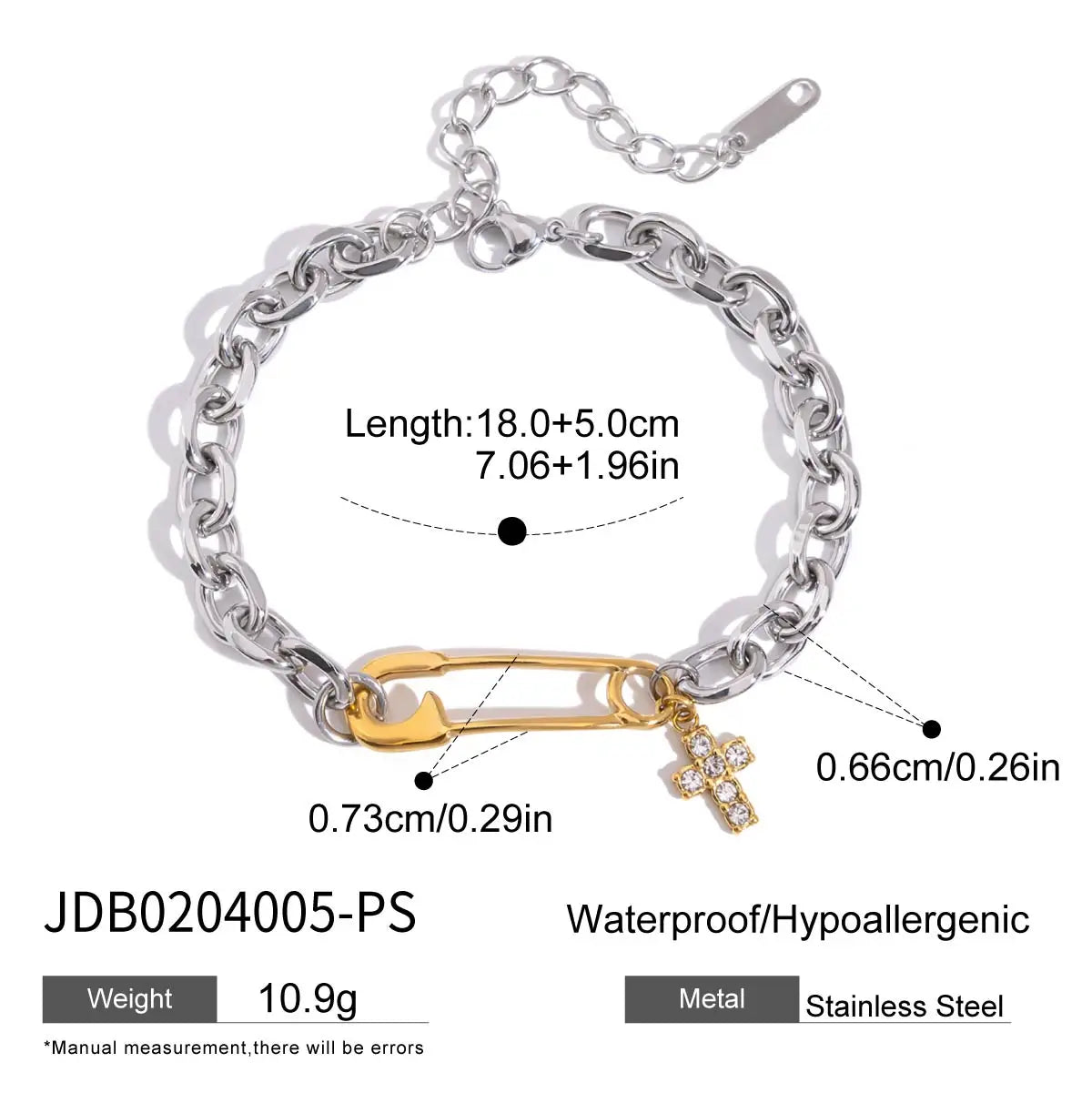 KIKA  Minimalist Two Tone Zircon Cross Pendant Paper Clip Bracelet Stainless Steel 316L Stackable Bracelet