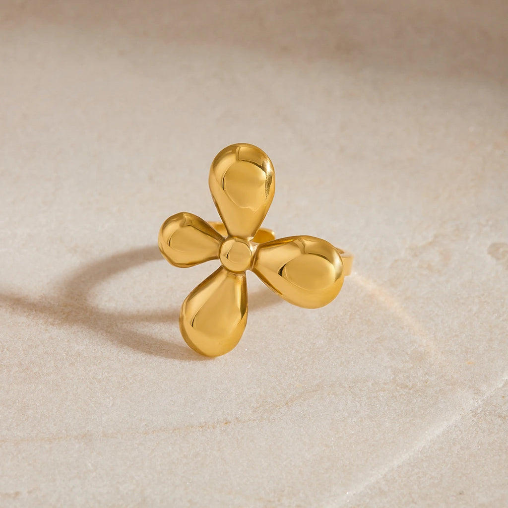 KIKA Fashion Four Petal Flower Adjustable Ring PVD Plated Stainless Steel 316L