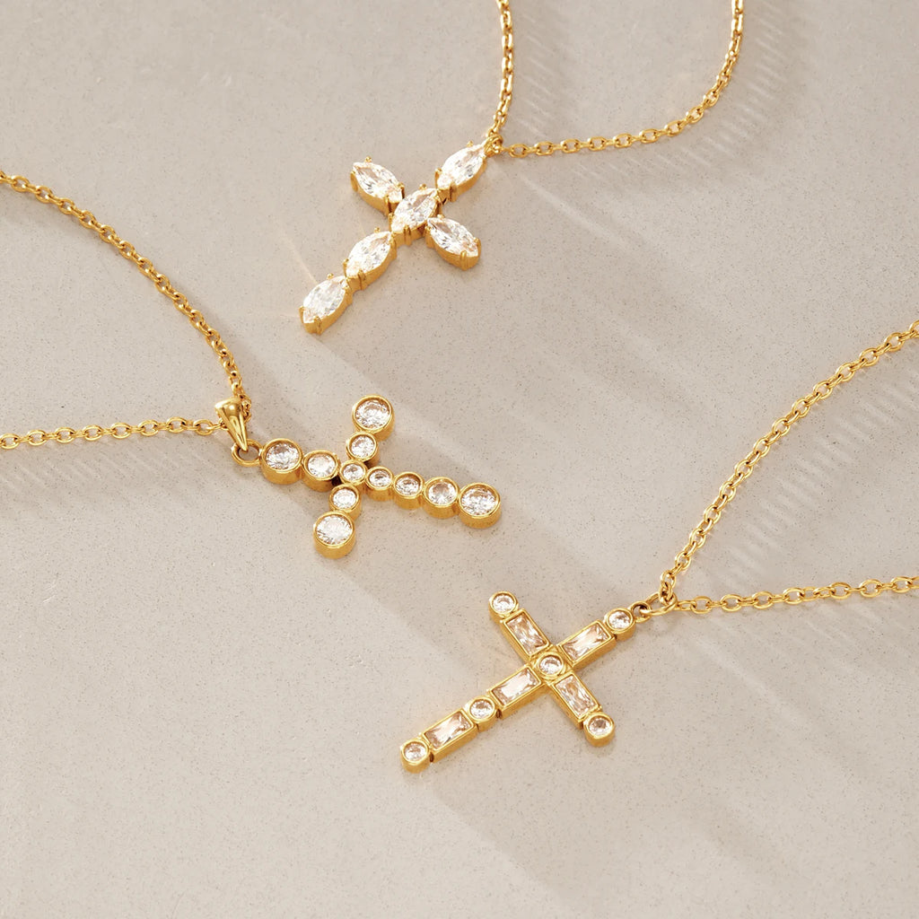 KIKA Classic Zircon Cross Pendant Necklace For Women Minimalist 18K Gold PVD Plated Stainless Steel Necklace Fashion Jewelry