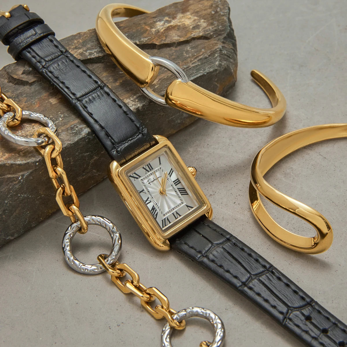 KIKA  Fashion Geometric Rectangular Belt Watch Two tone Chain Bracelet Stainless Steel 316L PVD Plated