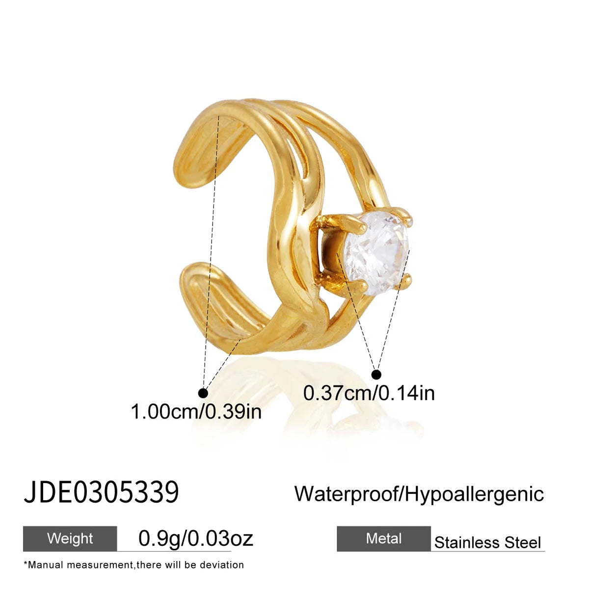 KIKA 1 PC White Zircon Non-piercing Ear Clip  PVD Plated Stainless Steel 316L