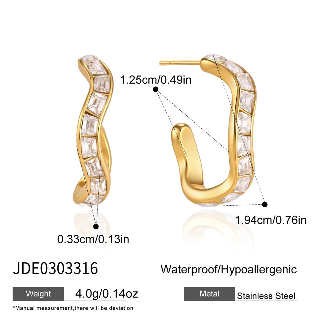 KIKA Elegant Iced Out Crystal Wave Shape Stud Earrings For Women 18K Gold Plated Stainless Steel 316L  Earrings Fashion Jewelry Gift
