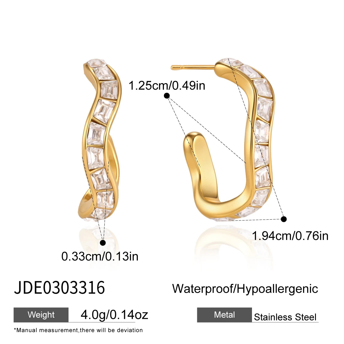 KIKA Elegant Iced Out Crystal Wave Shape Stud Earrings For Women 18K Gold Plated Stainless Steel 316L  Earrings Fashion Jewelry Gift