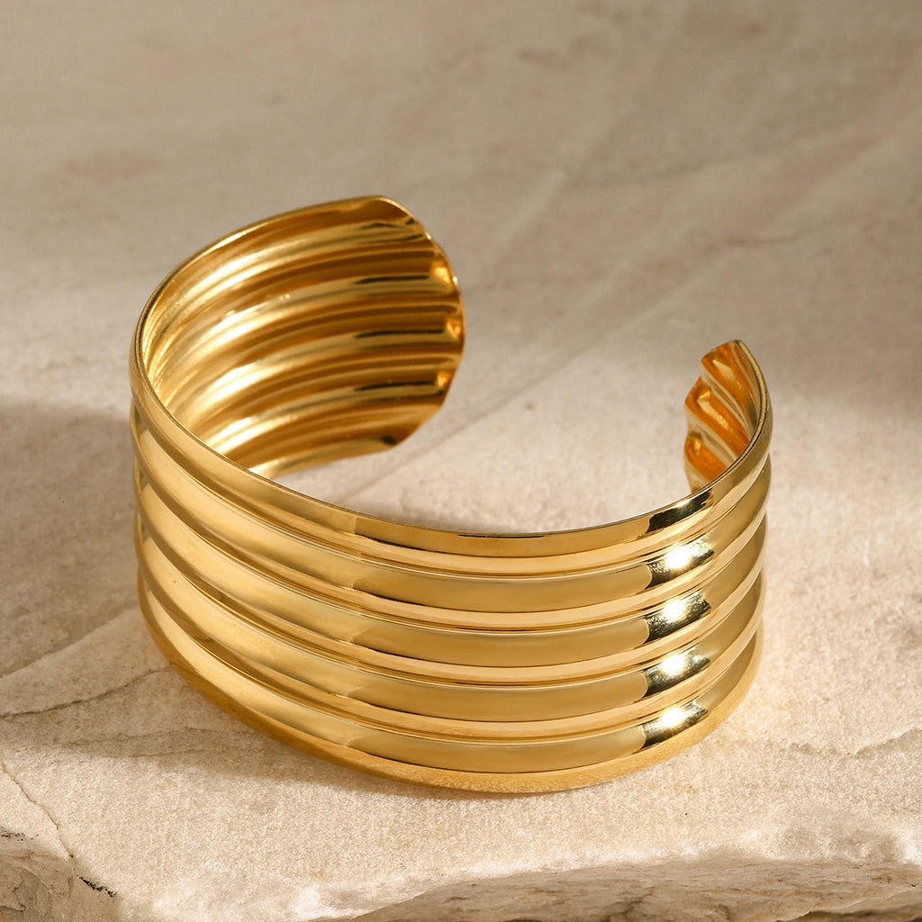 KIKA Luxury Stainless Steel Statement Gold Color Cuff Bracelet Bangle Metal Texture Temperament Fashion Waterproof Jewelry