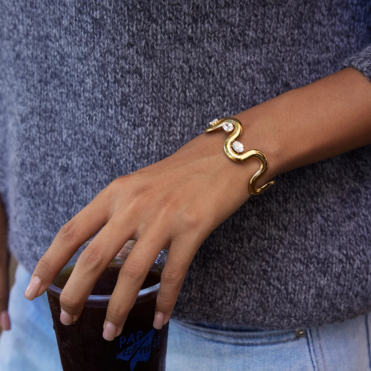 KIKA Classic Trendy 18K Gold Color PVD Plated Elliptical White Zircon Irregular Open Bracelets Waterproof Stainless Steel 316L