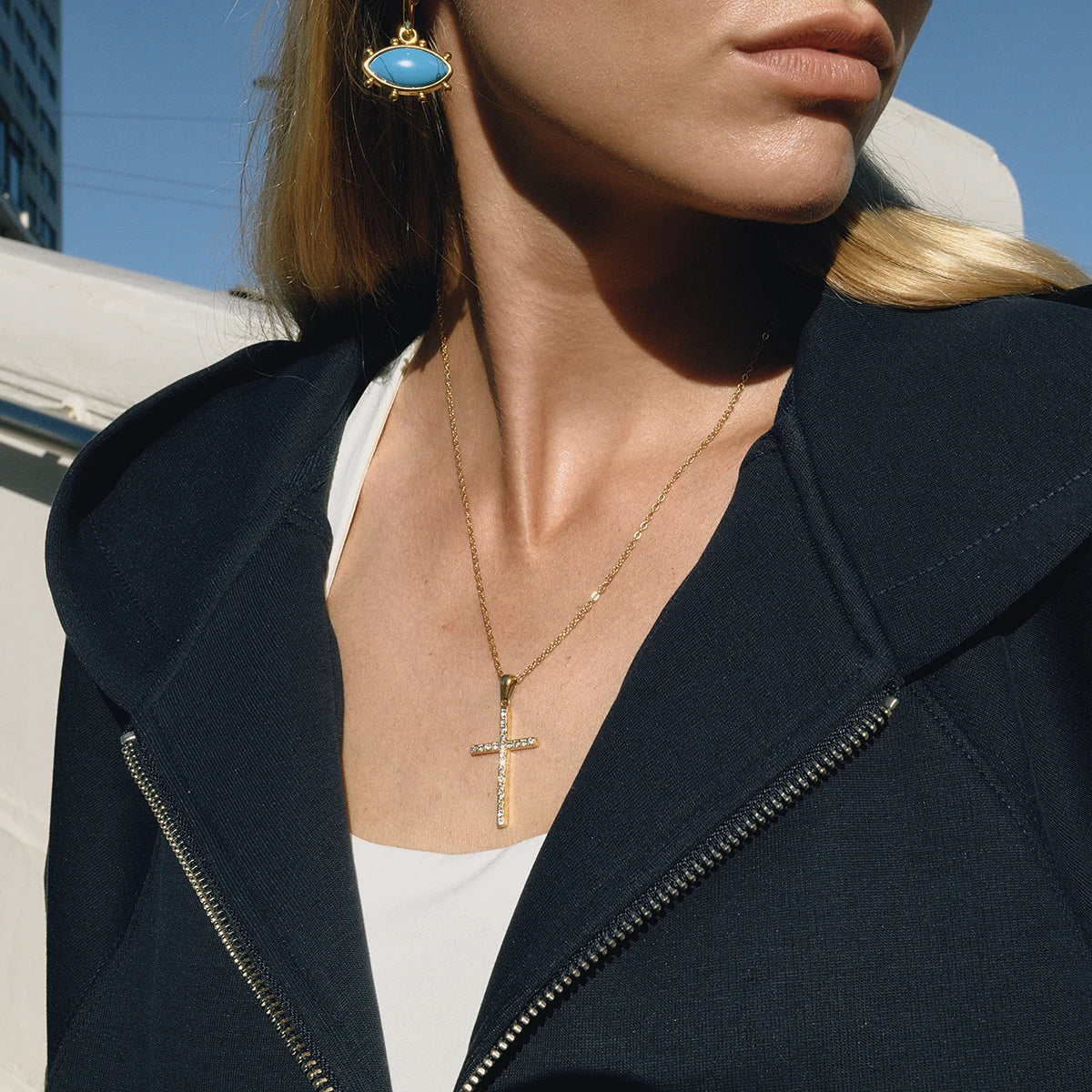 Kika Classic Fashion 18K Gold Color Plated Inlay White Zircon Cross Pendant Necklace