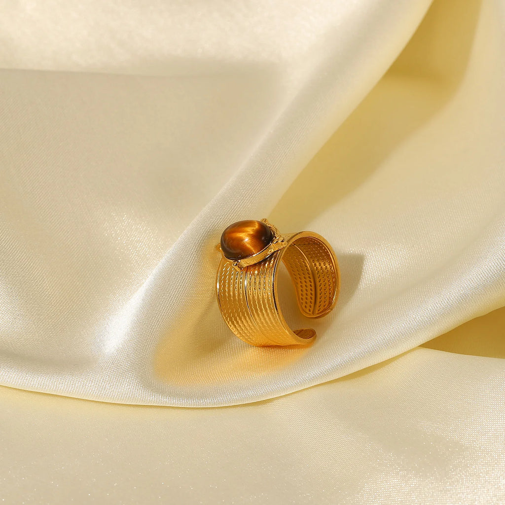 Kika Stainless Steel Natural Stone Tiger bead Wide Open Ring Jewelry 18k Gold Color Plated Metal Charm Chic Jewelry for Women