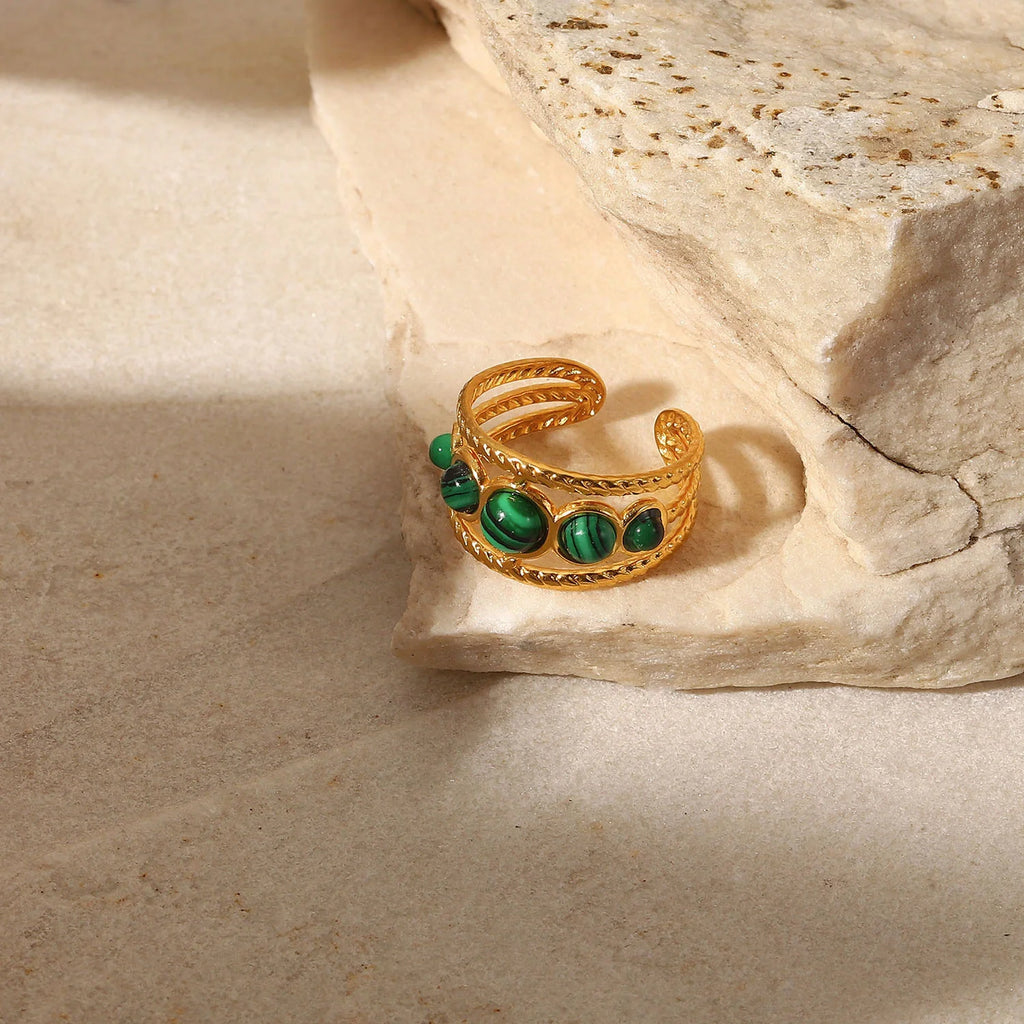 Kika Water Proof Stainless Steel Natural Malachite Stone Circle Cutout Open Ring for Women 2022 Charm Fashion Jewelry Gift