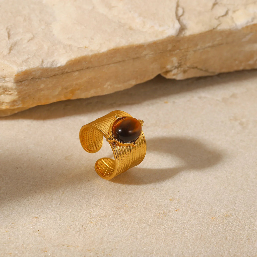 Kika Stainless Steel Natural Stone Tiger bead Wide Open Ring Jewelry 18k Gold Color Plated Metal Charm Chic Jewelry for Women