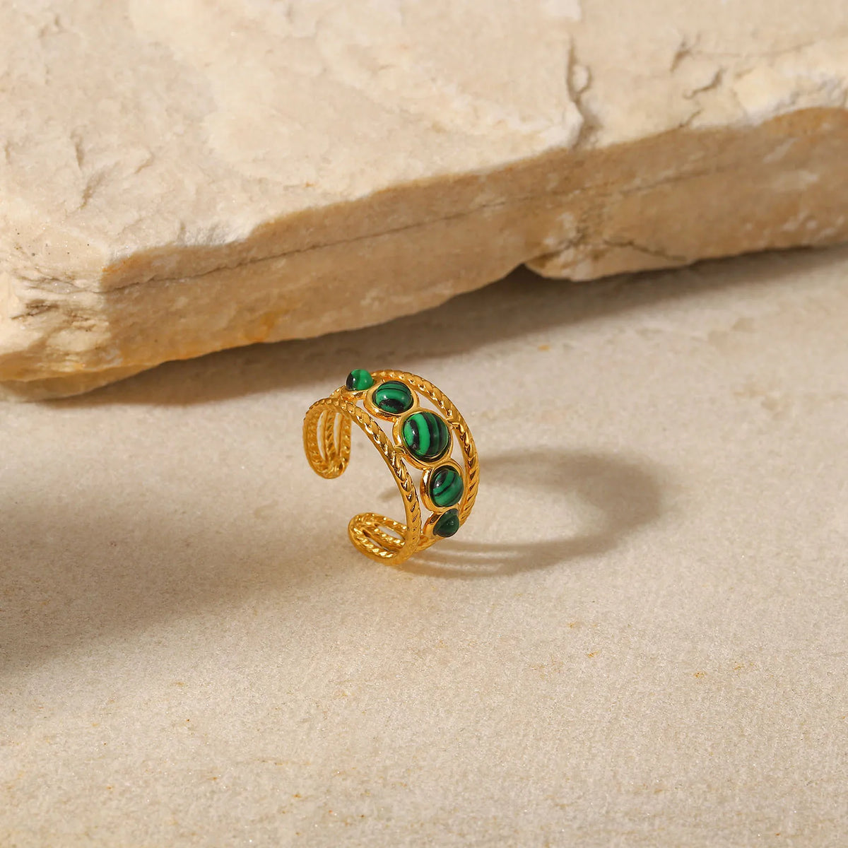 Kika Water Proof Stainless Steel Natural Malachite Stone Circle Cutout Open Ring for Women 2022 Charm Fashion Jewelry Gift