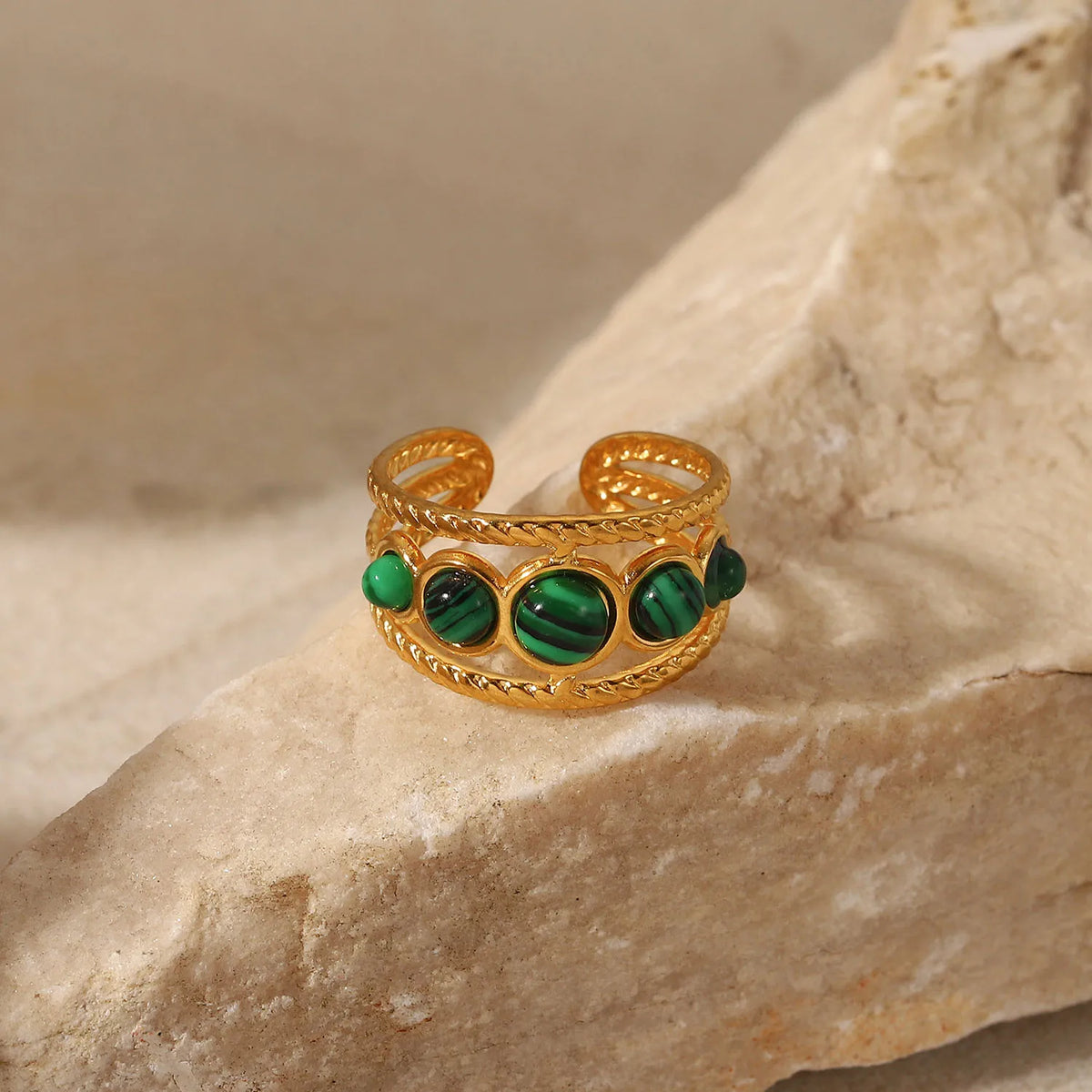 Kika Water Proof Stainless Steel Natural Malachite Stone Circle Cutout Open Ring for Women 2022 Charm Fashion Jewelry Gift