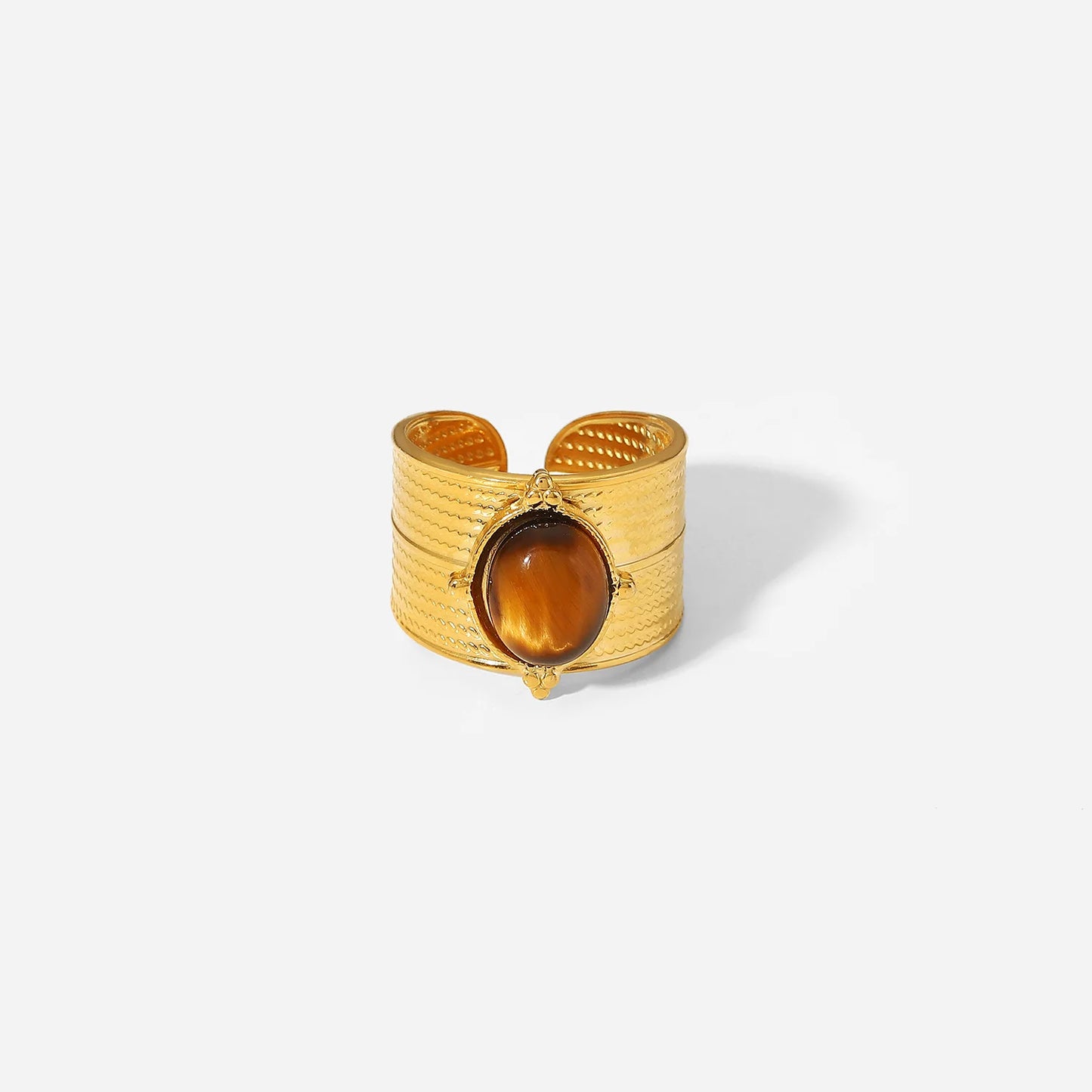 Kika Stainless Steel Natural Stone Tiger bead Wide Open Ring Jewelry 18k Gold Color Plated Metal Charm Chic Jewelry for Women
