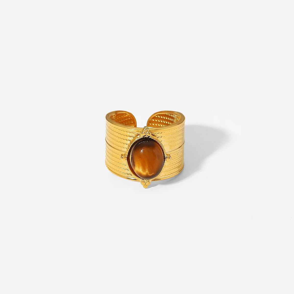 Kika Stainless Steel Natural Stone Tiger bead Wide Open Ring Jewelry 18k Gold Color Plated Metal Charm Chic Jewelry for Women