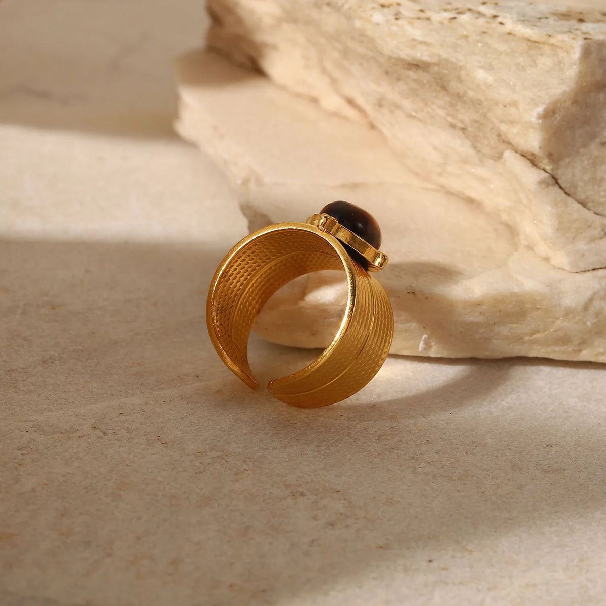 Kika Stainless Steel Natural Stone Tiger bead Wide Open Ring Jewelry 18k Gold Color Plated Metal Charm Chic Jewelry for Women