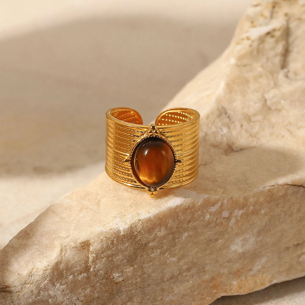 Kika Stainless Steel Natural Stone Tiger bead Wide Open Ring Jewelry 18k Gold Color Plated Metal Charm Chic Jewelry for Women