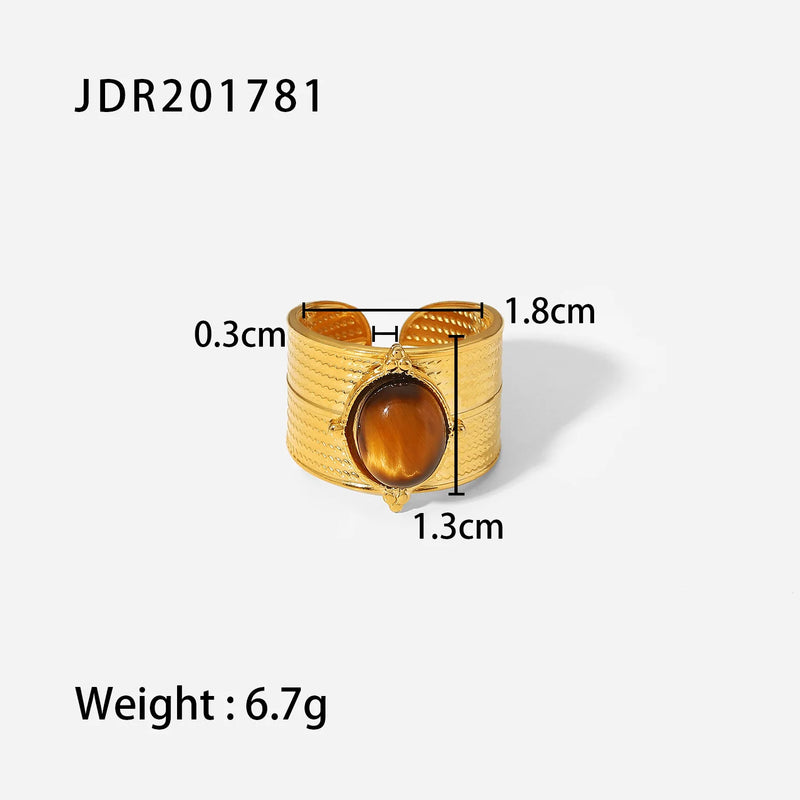 Kika Stainless Steel Natural Stone Tiger bead Wide Open Ring Jewelry 18k Gold Color Plated Metal Charm Chic Jewelry for Women