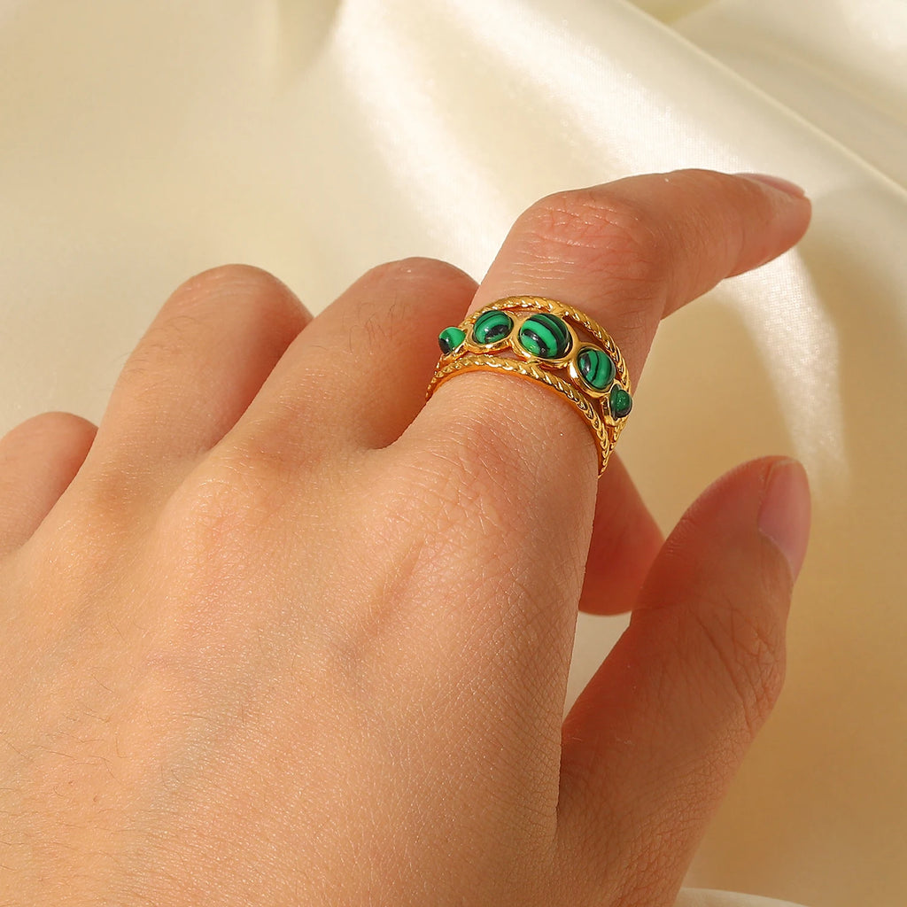 Kika Water Proof Stainless Steel Natural Malachite Stone Circle Cutout Open Ring for Women 2022 Charm Fashion Jewelry Gift