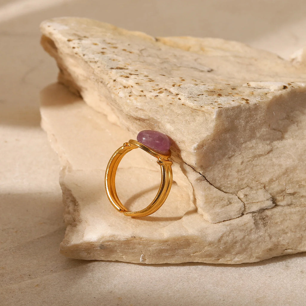 Kika Natural Amethyst Stone Agate Geometric Ellipse Open Ring 2022 Stainless Steel Fashion Trendy Waterproof Jewelry
