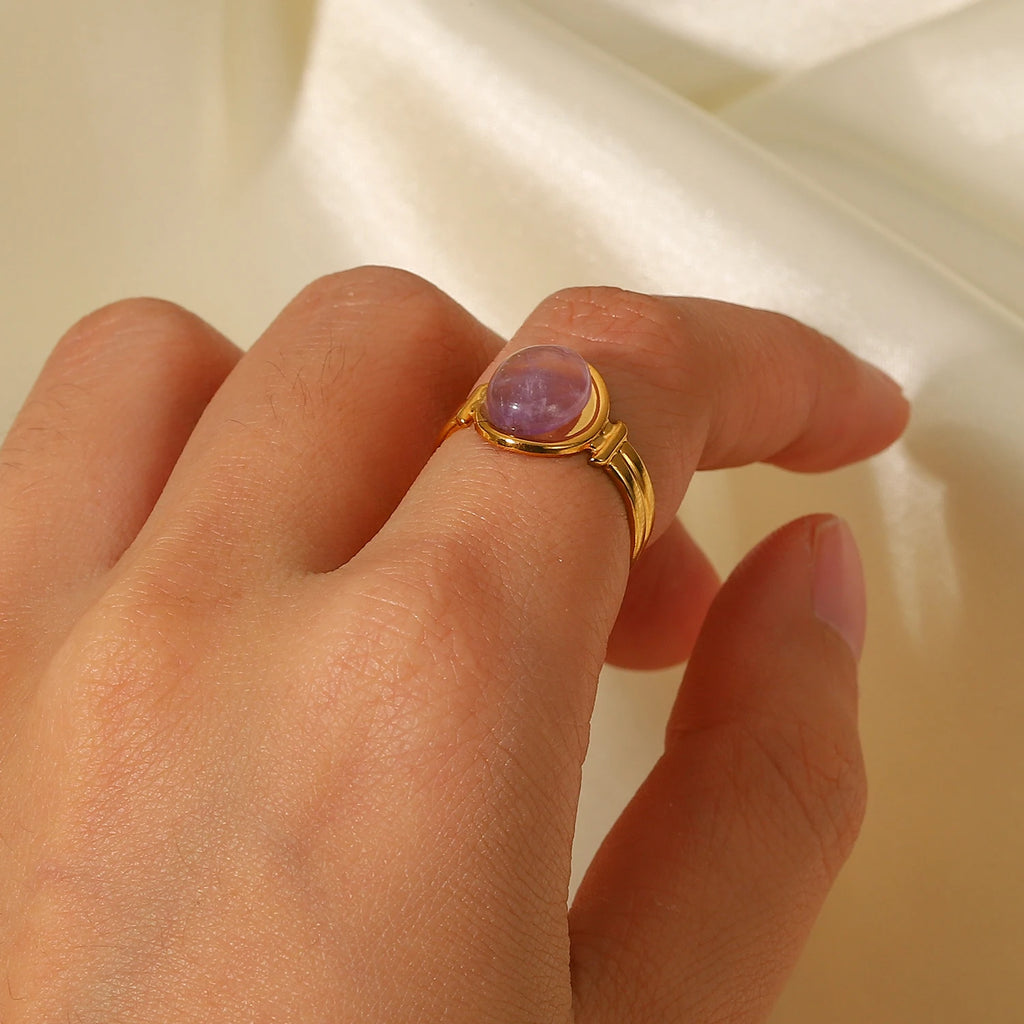 Kika Natural Amethyst Stone Agate Geometric Ellipse Open Ring 2022 Stainless Steel Fashion Trendy Waterproof Jewelry