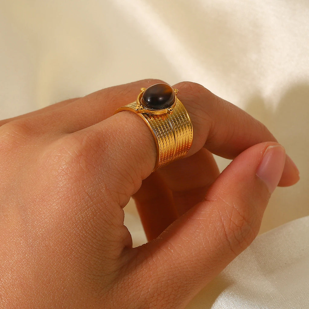 Kika Stainless Steel Natural Stone Tiger bead Wide Open Ring Jewelry 18k Gold Color Plated Metal Charm Chic Jewelry for Women